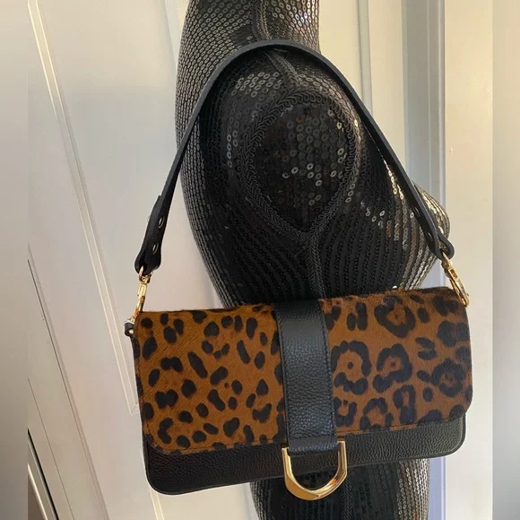 🆕 DIVINA FIRENZE 🇮🇹 Black Leather Leopard Fur Flap Shoulder/Crossbody Bag - Picture 14 of 15
